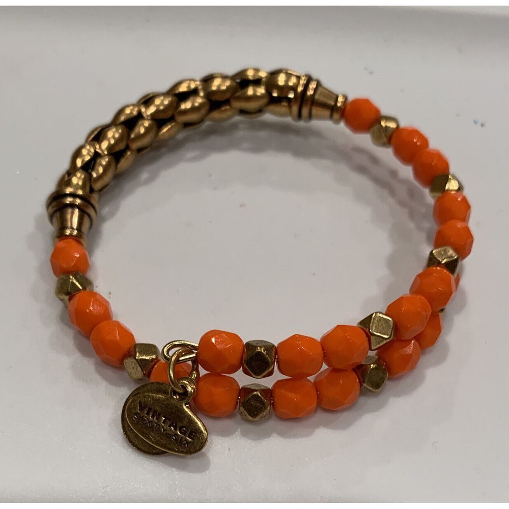 Alex and Ani Vintage 66 Wrap Gold Tone Bracelet With Orange Beads Leather J13